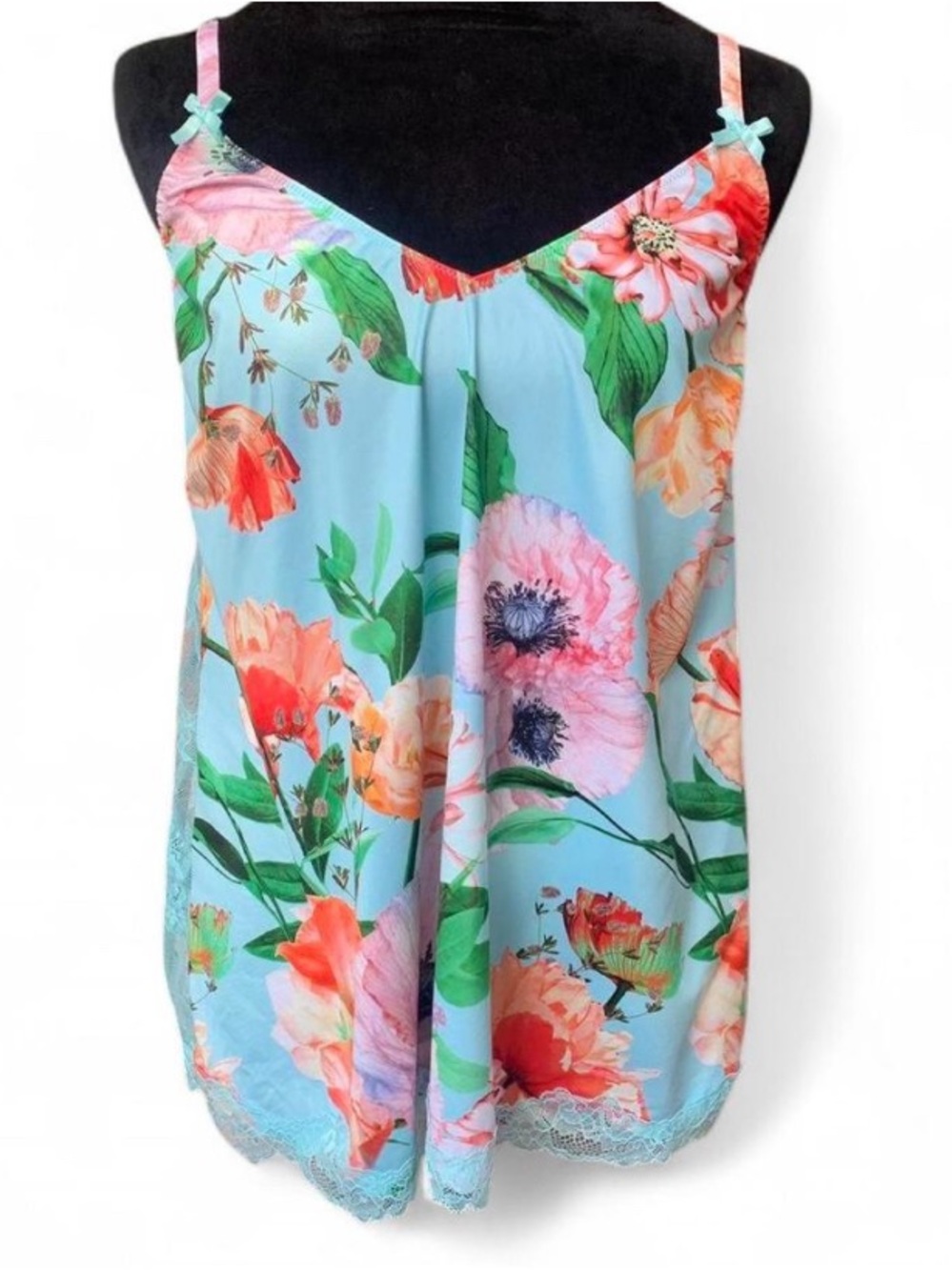 Tropical Coquette Blue Floral Camisole with Lace Trim & Side Panels & Bow Detail